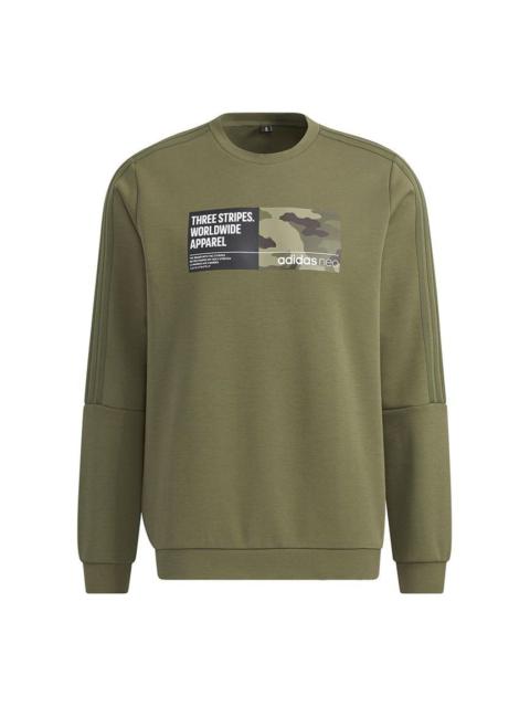 Men's adidas neo Sw Gr Dk Swt Funny Printing Sports Round Neck Pullover Military Green H45170