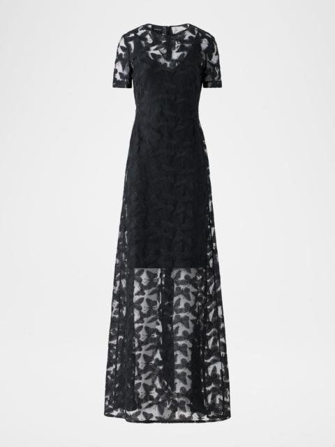 AKRIS Exclusive Butterfly Embroidered Sheer Tulle Short-Sleeve Gown