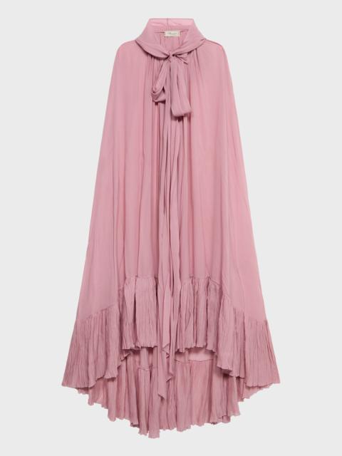 GEORGETTE CAPE WITH HOOD AND PLEATED RUFFLE