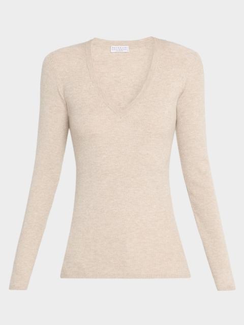 Brunello Cucinelli Metallic Cashmere Stretch Rib V-Neck Sweater