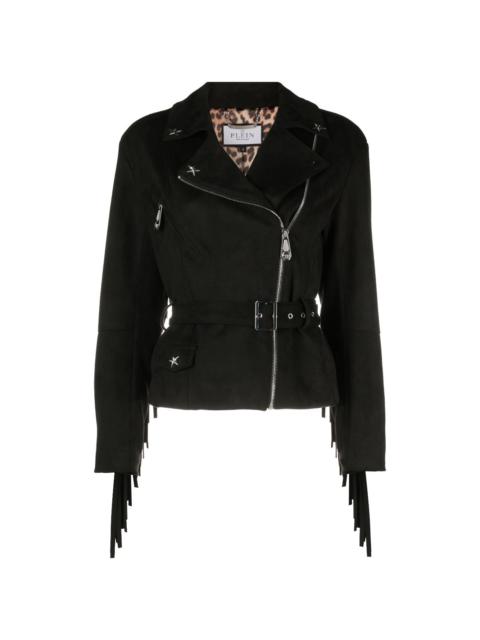 star studded fringed biker jacket