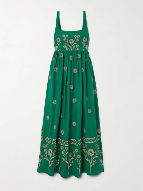 Barbara Esmeralda appliquéd embroidered linen maxi dress