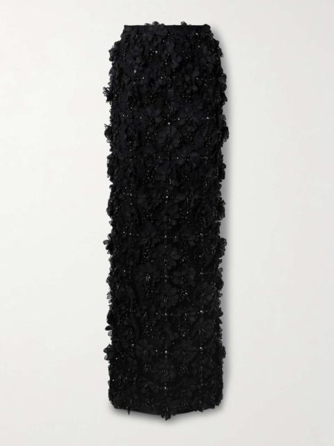 CAROLINA HERRERA Appliquéd bead-embellished tulle maxi skirt Black