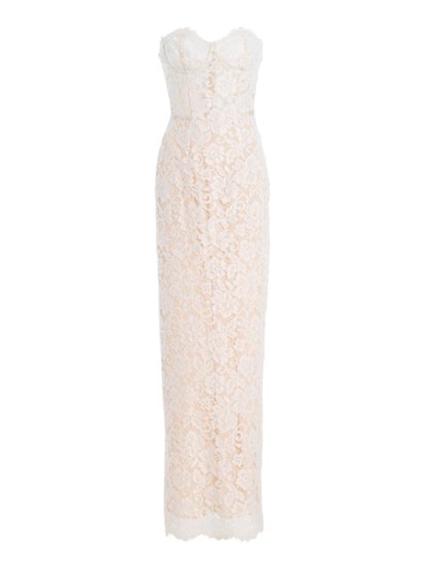 Monique Lhuillier Strapless Lace Column Gown white
