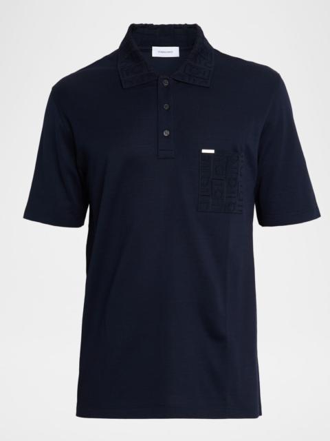 FERRAGAMO Men's Gancini Jacquard-Trim Cotton Pique Polo Shirt