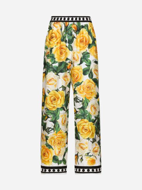 Silk pajama pants with rose print yellow