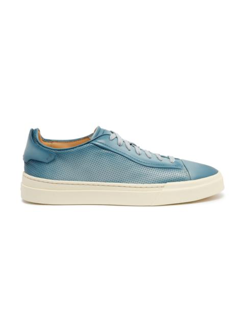 Santoni Men's polished light blue leather perforated-effect sneaker