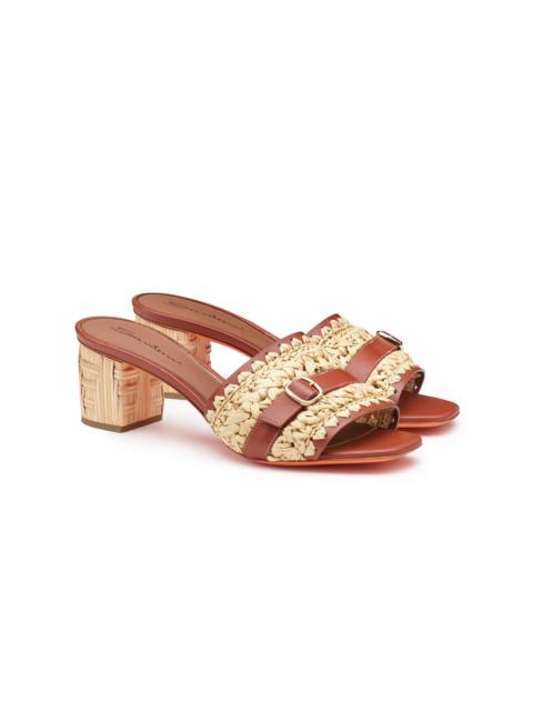Santoni Women's brown leather and raffia mid-heel sandal