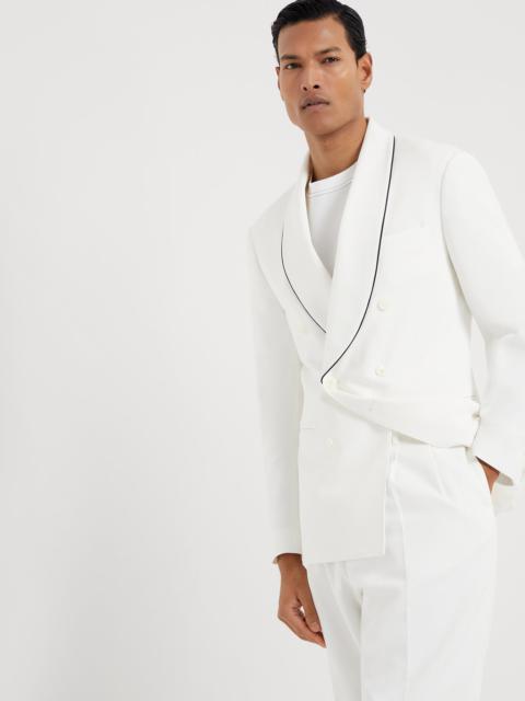 Crêpe cotton double twill one-and-a-half breasted tuxedo jacket with shawl lapels and piping