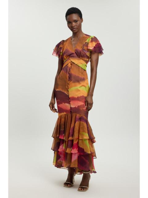KAREN MILLEN Abstract Print Ruffle Sleeve Button Through Midi Dress