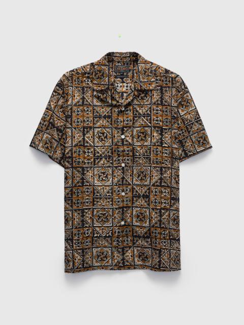 BEAMS PLUS Block Print Open Collar Shirt in Brown