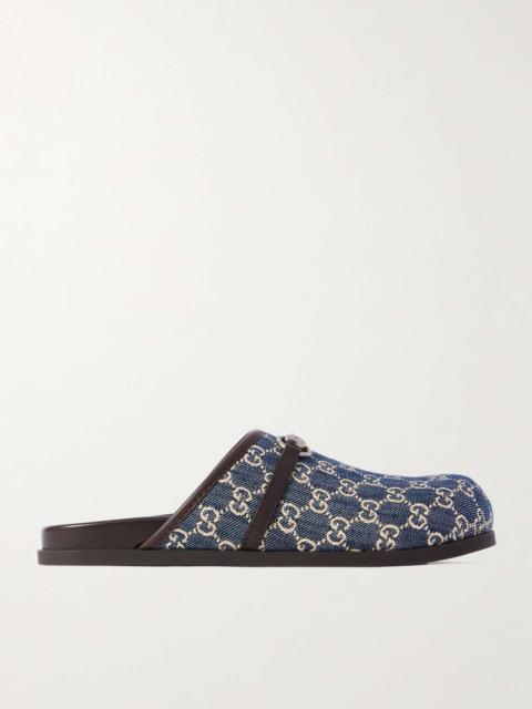 GUCCI Rhein Horsebit-Embellished Leather-Trimmed Denim Mules