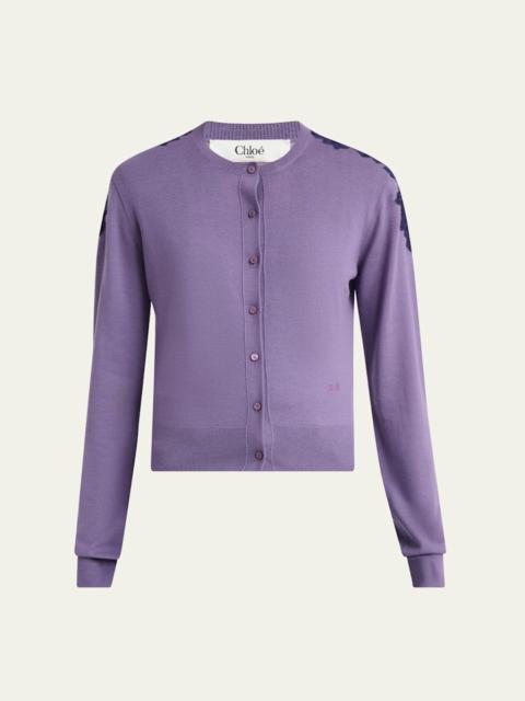 Chloé Guipure Lace-Trim Crewneck Knit Cardigan