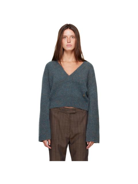 GANNI Blue Melange Mohair Deep V-Neck Sweater