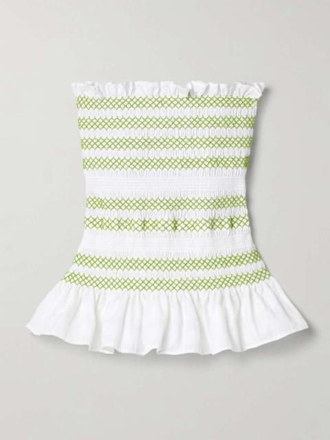 Lynne strapless ruffled smocked cotton-blend voile peplum top