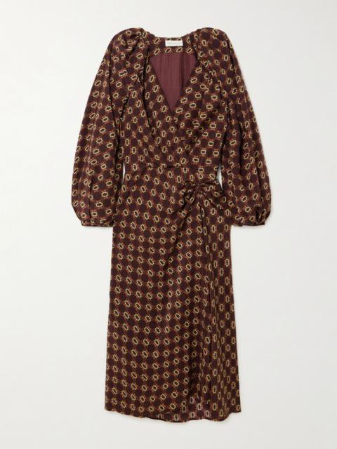Dries Van Noten Printed silk crepe de chine wrap-effect midi dress Brown