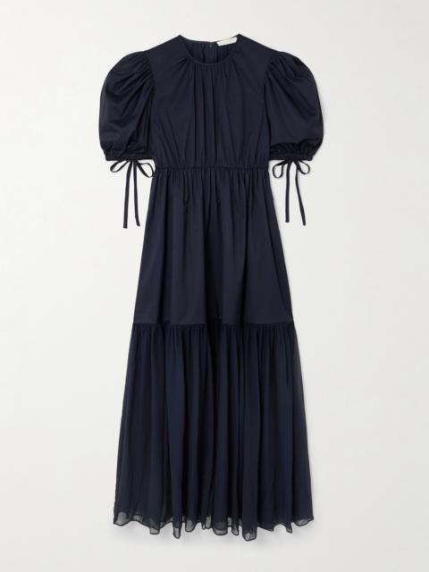 ULLA JOHNSON Collage Gathered Cotton-poplin And Silk-georgette Midi Dress
