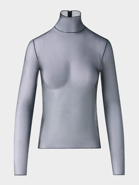 AKRIS Mock-Neck Stretch Tulle Fitted Long-Sleeve Shirt