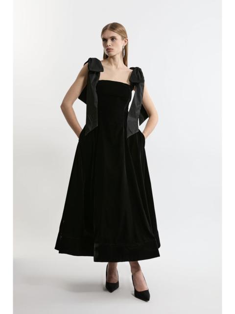 KAREN MILLEN Petite Velvet Bardot Woven Prom Midaxi Dress With Taffeta Bow