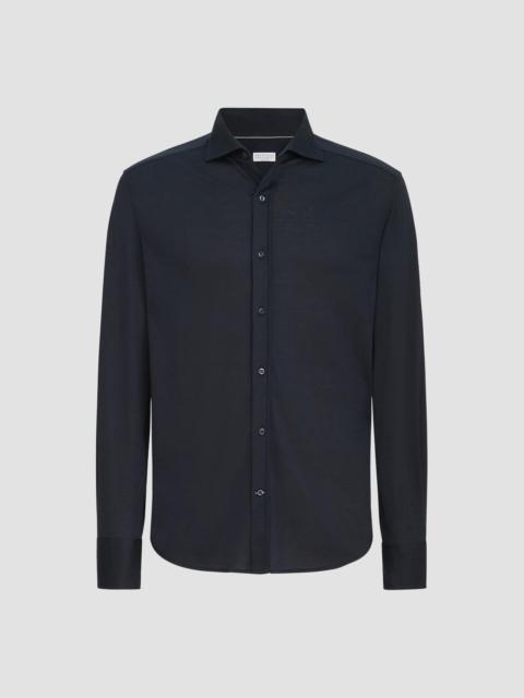Brunello Cucinelli Men's Silk and Cotton Lightweight Jersey Shirt with Spead Collar - Blue