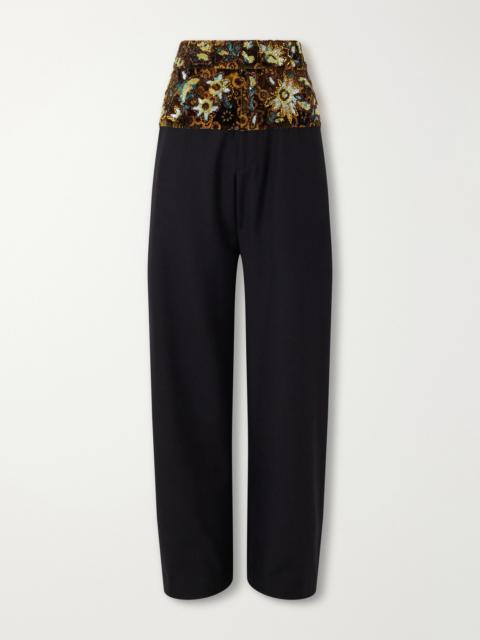 Dries Van Noten Wide-Leg Embellished Velvet-Trimmed Wool and Cotton-Blend Gabardine Trousers