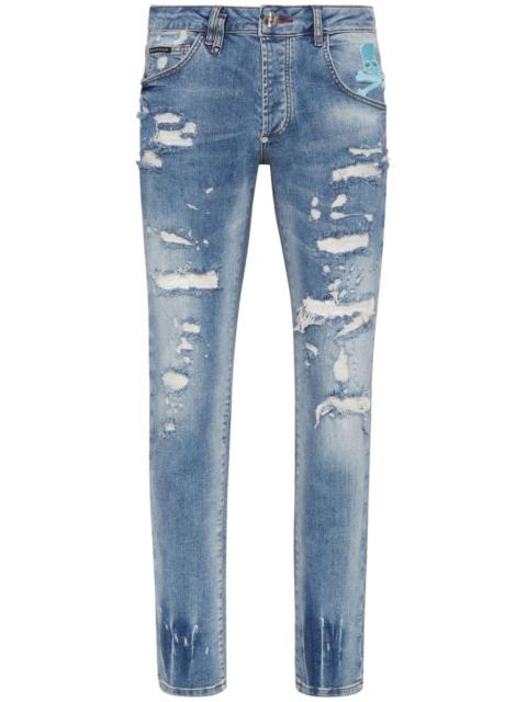 PHILIPP PLEIN Skull-print distressed straight-leg jeans