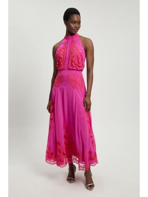 KAREN MILLEN Georgette Placed Cutwork Halter Woven Midi Dress