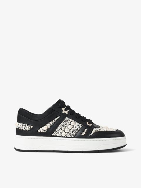 Hawaii/F
Black Calf Leather and Canvas Low Top Trainers with Pearl Embellishment - 1