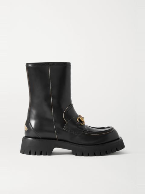 GUCCI Harald horsebit-detailed embroidered leather ankle boots Black
