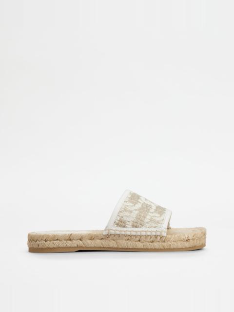 SANDALS IN LEATHER AND FABRIC - OFF WHITE, BEIGE