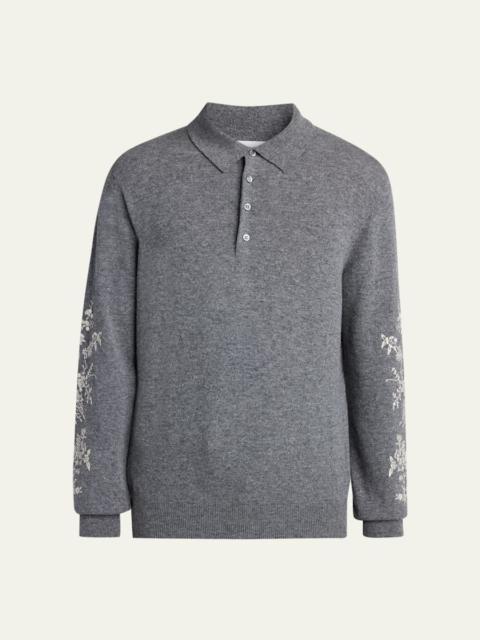 Alexander McQueen Men's Wool Floral-Embroidered Polo Sweater