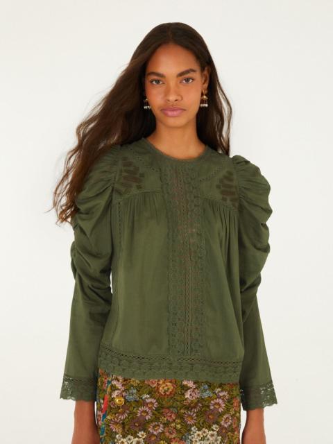 FARM RIO Lace Ruched Sleeve Blouse