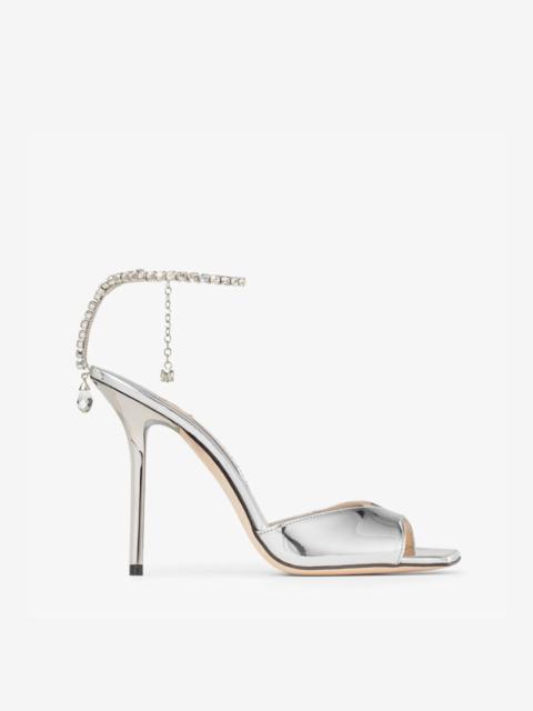 JIMMY CHOO Saeda Sandal 100 Silver Liquid Metal Sandals with Crystal Chain