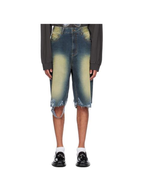 We11done Blue Washed Raw Edge Shorts