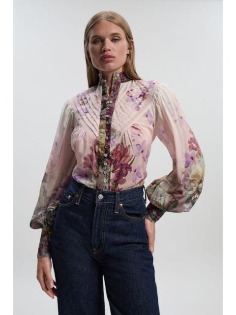 KAREN MILLEN Petite Floral Print Silk Cotton Long Sleeve Woven Blouse