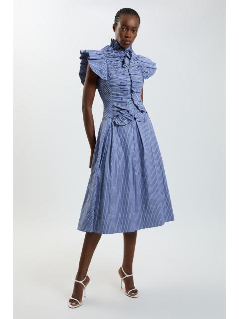 KAREN MILLEN Petite Stripe Pleated Ruffle Sleeve Woven Midi Dress