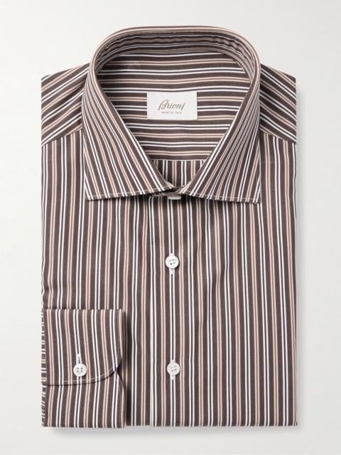 Brioni Cutaway-Collar Striped Cotton-Poplin Shirt Brown