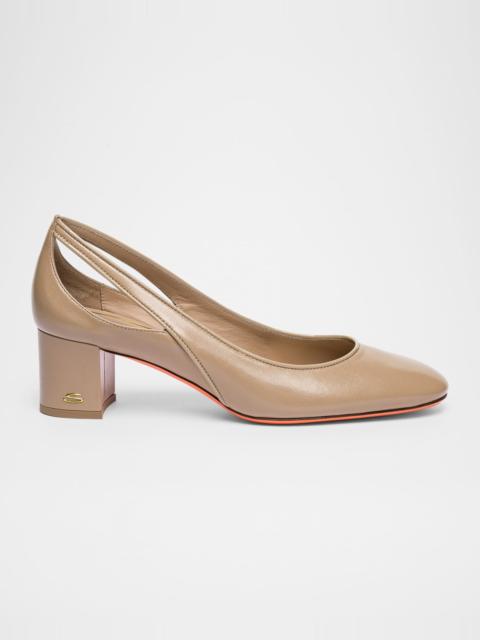 Santoni Cut-Out Block Heel Mixed Leather Pumps