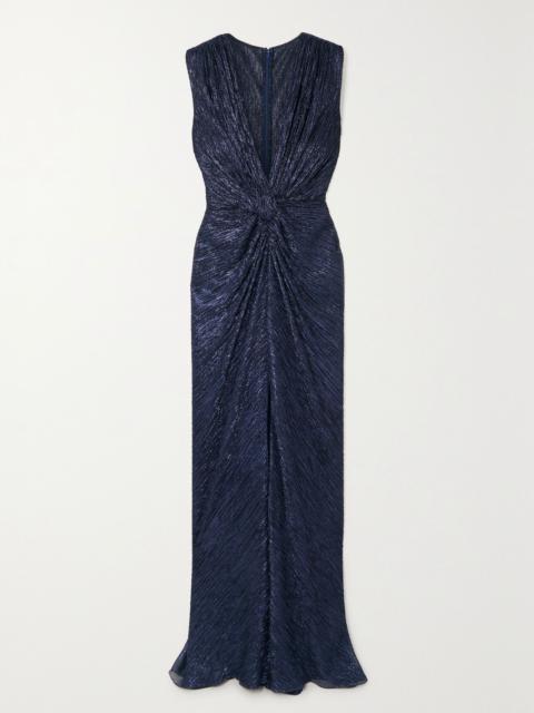 COSTARELLOS Mireille twist-front metallic plissé-jersey gown Violet