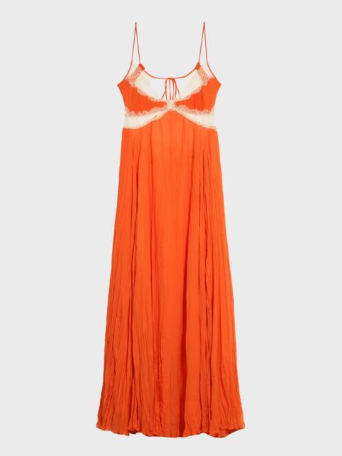 Blumarine LONG PLEATED GEORGETTE DRESS WITH LACE INSERTS