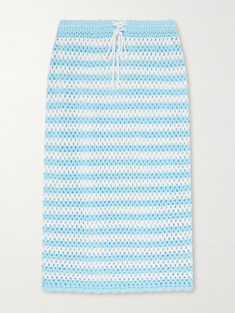 SIMKHAI Welles striped crocheted cotton midi skirt Blue