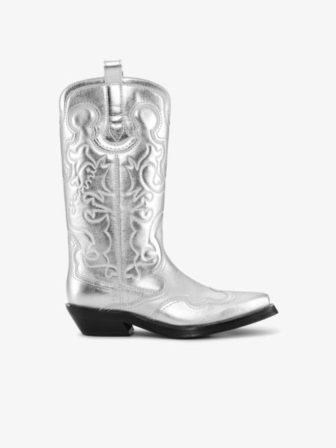 GANNI SILVER MID SHAFT EMBROIDERED WESTERN BOOTS