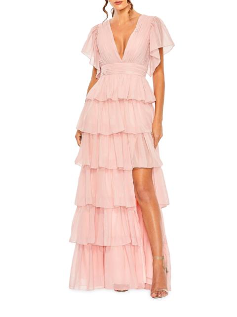 MAC DUGGAL Women's Flutter-Sleeve Tiered Gown - Petal Pink