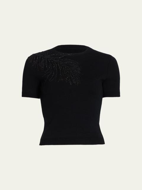 Oscar de la Renta Embroidered Feather Short-Sleeve Sweater