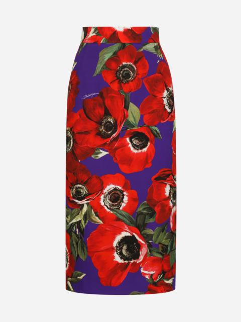 Charmeuse calf-length skirt with anemone print
