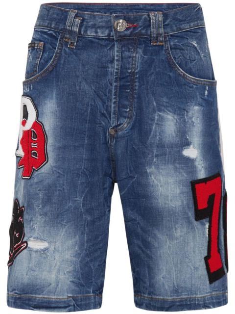PHILIPP PLEIN patch-detail distressed denim shorts