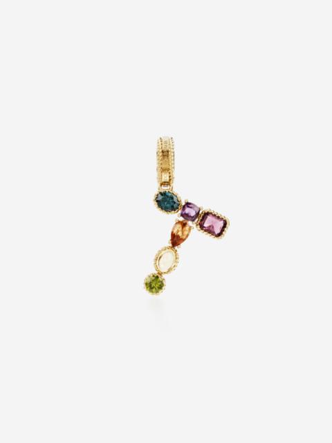 Rainbow alphabet T 18 kt yellow gold charm with multicolor fine gems