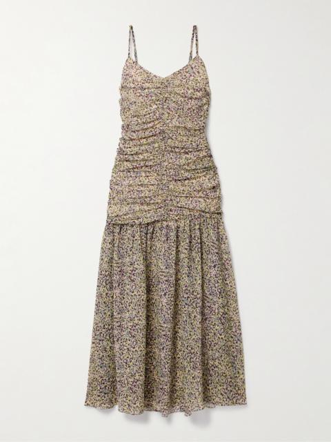 KIKA VARGAS Pamela Ruched Floral-print Chiffon Maxi Dress