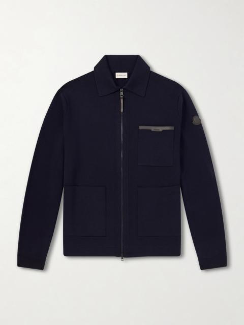 Moncler Leather-Trimmed Virgin Wool Zip-Up Cardigan