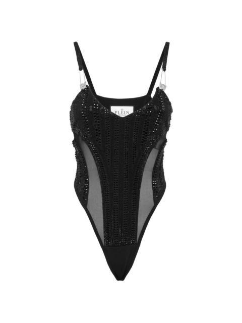 crystal-embellished V-neck bodysuit